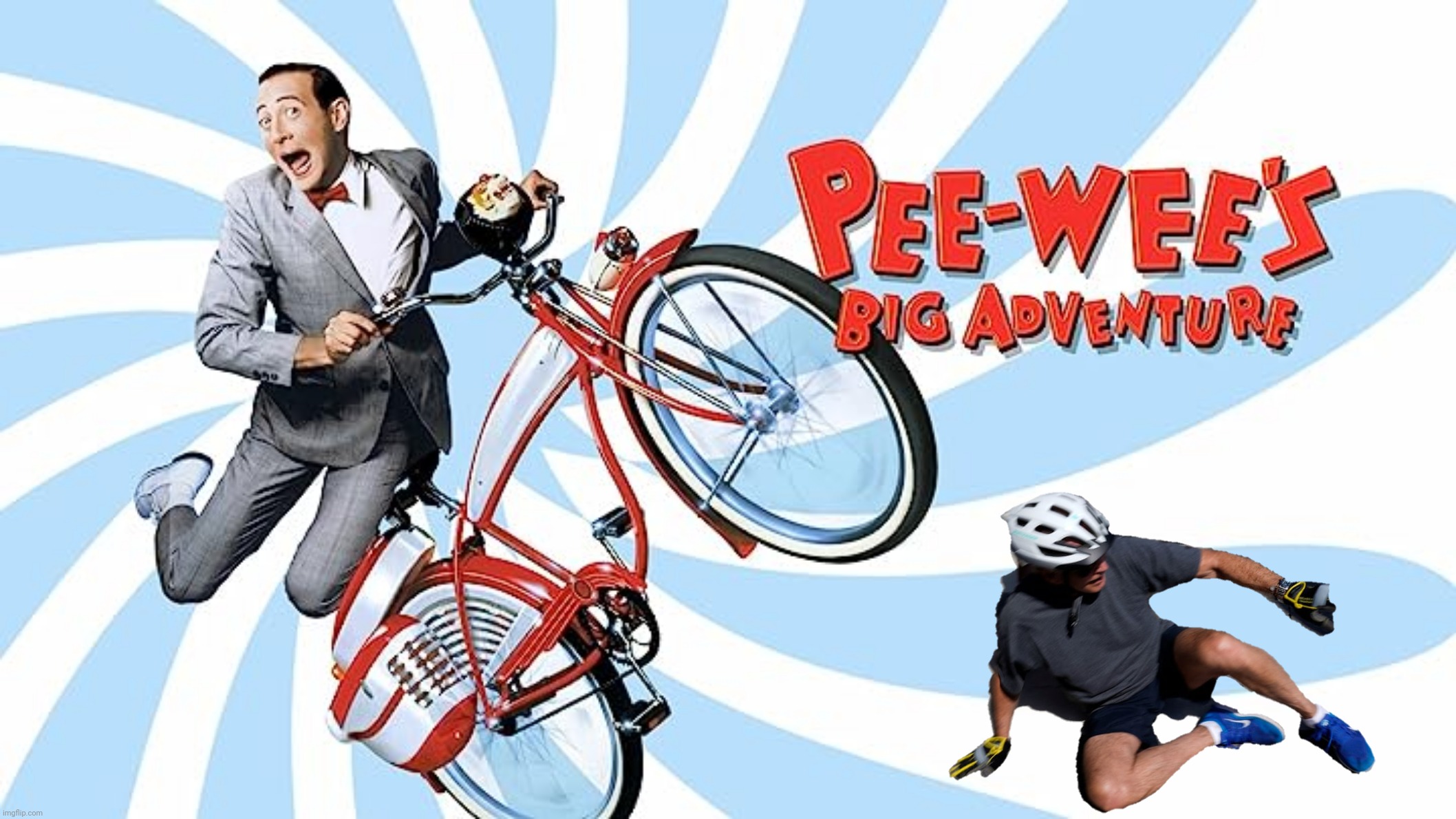 Bad Photoshop Sunday presents:  Now you know the rest of the story (R.I.P. Pee-wee) | image tagged in bad photoshop sunday,pee-wee herman,joe biden,pee-wee's big adventure,bike fall,bike | made w/ Imgflip meme maker