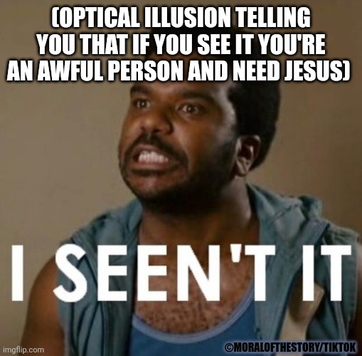 #i seent it #opticalillusion #sike #syke #fun #funny #humor #joke | (OPTICAL ILLUSION TELLING YOU THAT IF YOU SEE IT YOU'RE AN AWFUL PERSON AND NEED JESUS); ©️MORALOFTHESTORY/TIKTOK | image tagged in i seent it | made w/ Imgflip meme maker