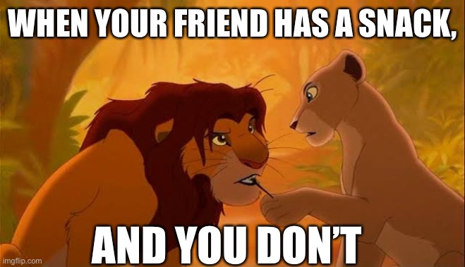 Bruh | WHEN YOUR FRIEND HAS A SNACK, AND YOU DON’T | image tagged in lion king | made w/ Imgflip meme maker