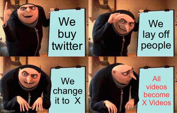 Gru's Plan | We buy twitter; We lay off people; We change it to  X; All videos become X Videos | image tagged in memes,gru's plan | made w/ Imgflip meme maker