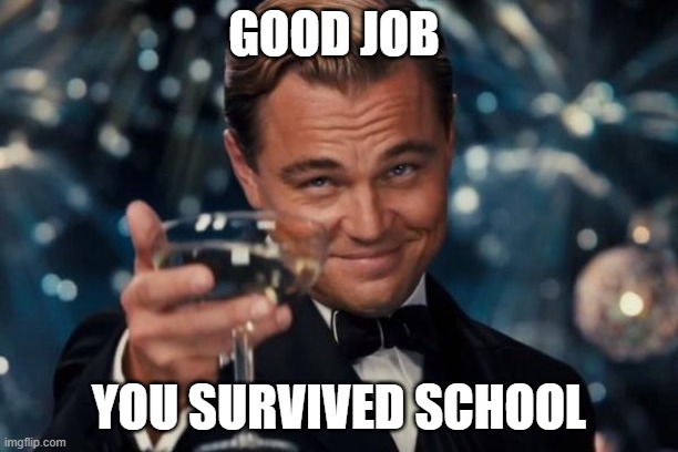 Leonardo Dicaprio Cheers | GOOD JOB; YOU SURVIVED SCHOOL | image tagged in memes,leonardo dicaprio cheers | made w/ Imgflip meme maker