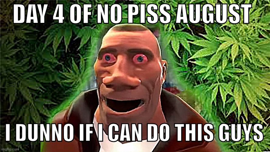 Soldier high | DAY 4 OF NO PISS AUGUST; I DUNNO IF I CAN DO THIS GUYS | image tagged in soldier high | made w/ Imgflip meme maker