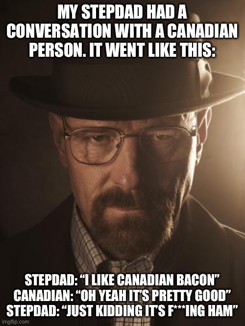 Walter White | MY STEPDAD HAD A CONVERSATION WITH A CANADIAN PERSON. IT WENT LIKE THIS:; STEPDAD: “I LIKE CANADIAN BACON”
CANADIAN: “OH YEAH IT’S PRETTY GOOD”
STEPDAD: “JUST KIDDING IT’S F***ING HAM” | image tagged in walter white | made w/ Imgflip meme maker