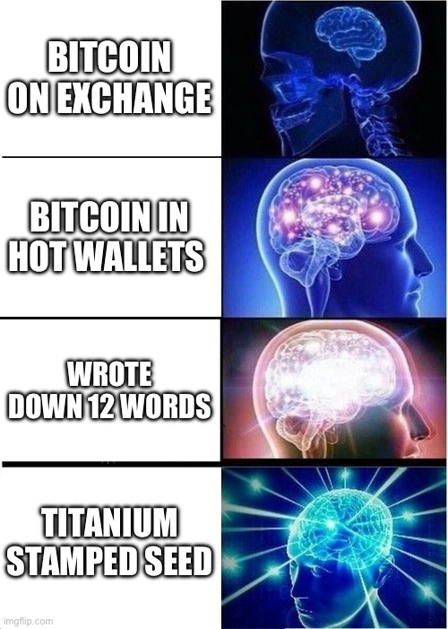 Expanding Brain Meme | BITCOIN ON EXCHANGE; BITCOIN IN HOT WALLETS; WROTE DOWN 12 WORDS; TITANIUM STAMPED SEED | image tagged in memes,expanding brain | made w/ Imgflip meme maker