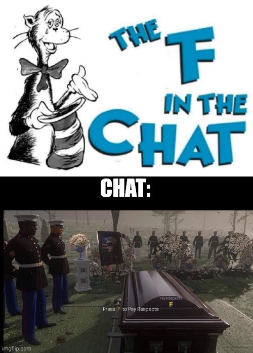 The F in the Chat | CHAT: | image tagged in the f in the chat | made w/ Imgflip meme maker