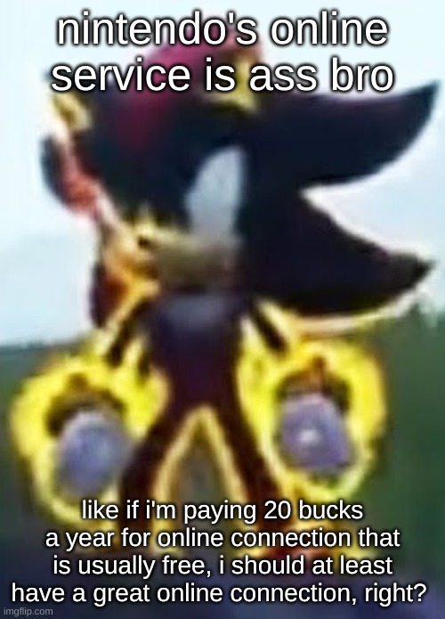 inSTEAD i get this outdated crusty ass laggy service that often doesn't work well | nintendo's online service is ass bro; like if i'm paying 20 bucks a year for online connection that is usually free, i should at least have a great online connection, right? | image tagged in low quality shadow stare | made w/ Imgflip meme maker