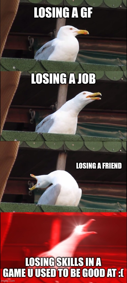 this has happened to me | LOSING A GF; LOSING A JOB; LOSING A FRIEND; LOSING SKILLS IN A GAME U USED TO BE GOOD AT :( | image tagged in memes,inhaling seagull | made w/ Imgflip meme maker