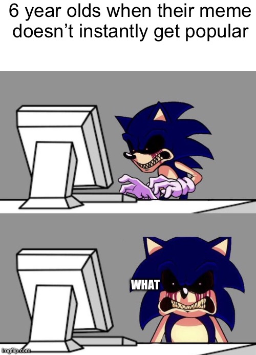 Oh no cringe | 6 year olds when their meme doesn’t instantly get popular; WHAT | image tagged in sonic exe computer | made w/ Imgflip meme maker