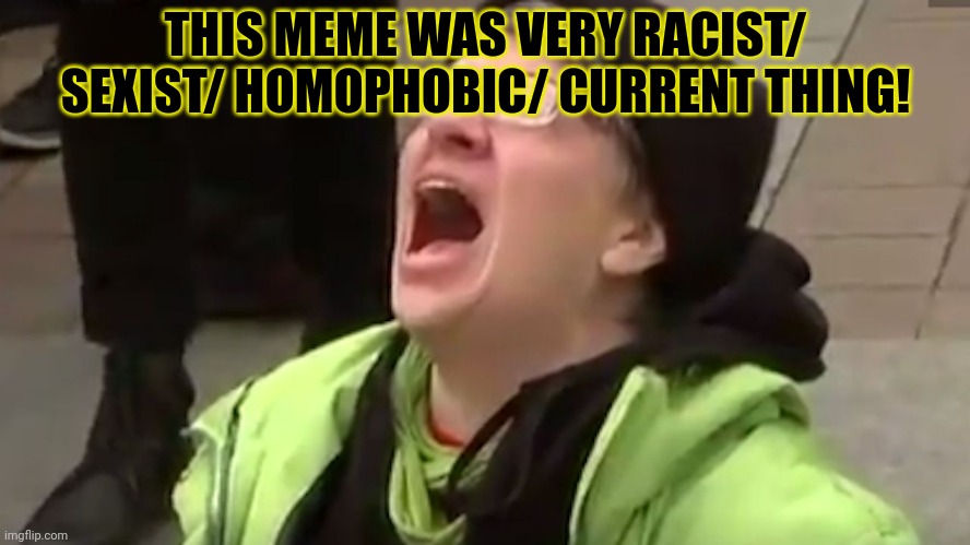 MSMG lore | THIS MEME WAS VERY RACIST/ SEXIST/ HOMOPHOBIC/ CURRENT THING! | image tagged in screaming liberal,ahhhhhhhhhhhhh,im extremely,offended,blah blah blah | made w/ Imgflip meme maker