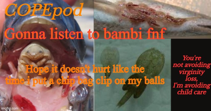 COPEpod's announcement template | Gonna listen to bambi fnf; Hope it doesn't hurt like the time i put a chip bag clip on my balls | image tagged in copepod's announcement template | made w/ Imgflip meme maker