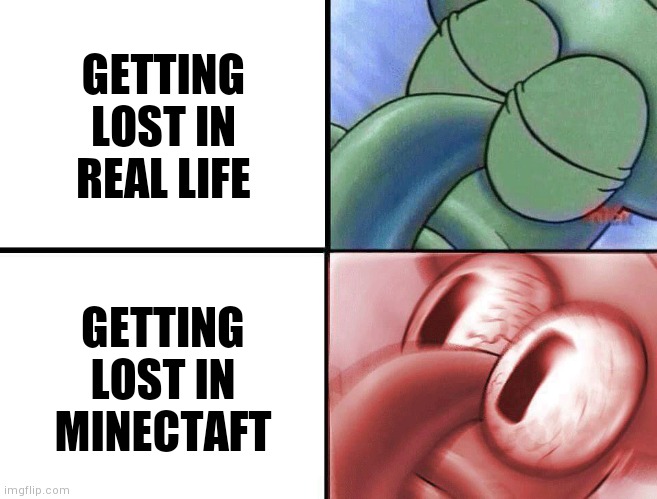 Gotta remember the coordinates no matter what | GETTING LOST IN REAL LIFE; GETTING LOST IN MINECTAFT | image tagged in sleeping squidward,minecraft,game,lost | made w/ Imgflip meme maker