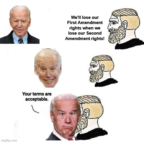 The totalitarian government of Joe Biden | We'll lose our
First Amendment rights when we
lose our Second Amendment rights! | image tagged in memes,constitution,first amendment,second amendment,joe biden,democrats | made w/ Imgflip meme maker