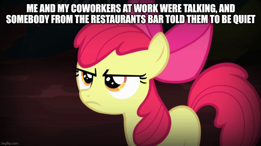 Angry Applebloom | ME AND MY COWORKERS AT WORK WERE TALKING, AND SOMEBODY FROM THE RESTAURANTS BAR TOLD THEM TO BE QUIET | image tagged in angry applebloom | made w/ Imgflip meme maker
