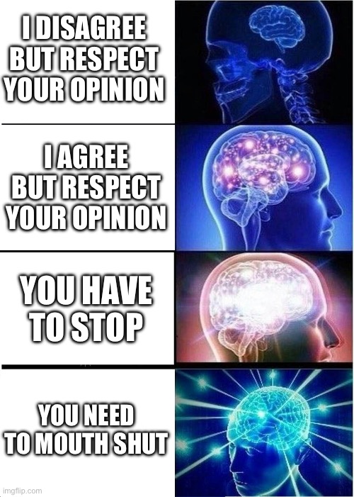 You need to mouth shut. ???????????????????????????????‍☠️?‍☠️ | I DISAGREE BUT RESPECT YOUR OPINION; I AGREE BUT RESPECT YOUR OPINION; YOU HAVE TO STOP; YOU NEED TO MOUTH SHUT | image tagged in memes,expanding brain,shut up,agreed,disagree,brain | made w/ Imgflip meme maker