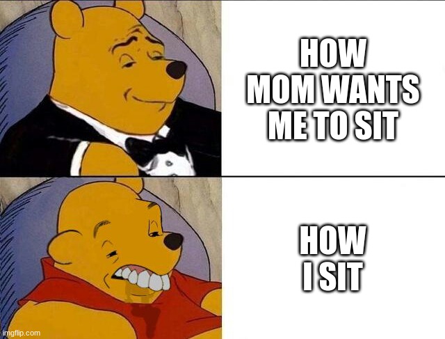 Just let me be | HOW MOM WANTS ME TO SIT; HOW I SIT | image tagged in tuxedo winnie the pooh grossed reverse | made w/ Imgflip meme maker