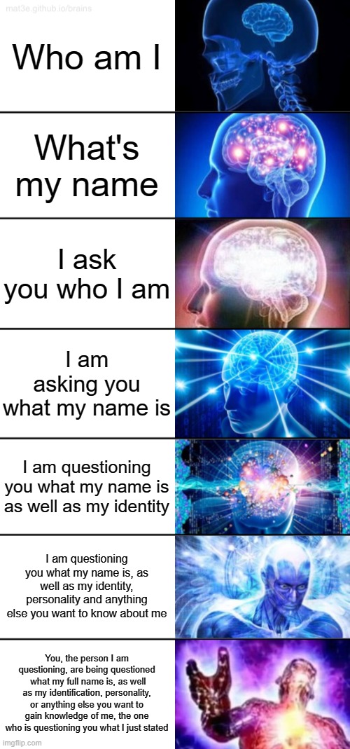 who_am_i but it gets more verbose (I tried my best) | Who am I; What's my name; I ask you who I am; I am asking you what my name is; I am questioning you what my name is as well as my identity; I am questioning you what my name is, as well as my identity, personality and anything else you want to know about me; You, the person I am questioning, are being questioned  what my full name is, as well as my identification, personality, or anything else you want to gain knowledge of me, the one who is questioning you what I just stated | image tagged in 7-tier expanding brain,increasingly verbose,who am i | made w/ Imgflip meme maker