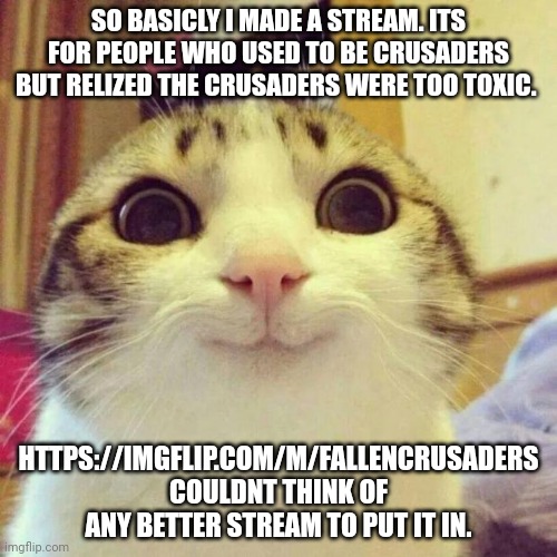 Smiling Cat Meme | SO BASICLY I MADE A STREAM. ITS FOR PEOPLE WHO USED TO BE CRUSADERS BUT RELIZED THE CRUSADERS WERE TOO TOXIC. HTTPS://IMGFLIP.COM/M/FALLENCRUSADERS COULDNT THINK OF ANY BETTER STREAM TO PUT IT IN. | image tagged in memes,smiling cat | made w/ Imgflip meme maker