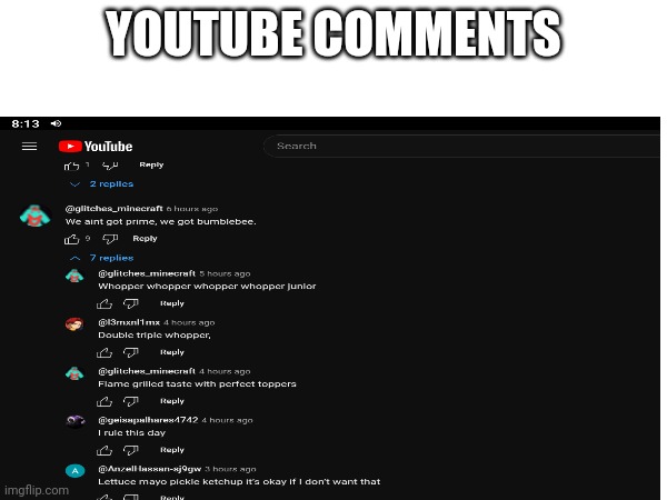 WHOPPER WHOPPER WHOPPER WHOPPER | YOUTUBE COMMENTS | image tagged in memes | made w/ Imgflip meme maker