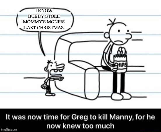 Damn Santa Helper | I KNOW BUBBY STOLE MOMMY'S MONIES LAST CHRISTMAS | image tagged in it was now time for greg to kill manny for he now knew too much | made w/ Imgflip meme maker