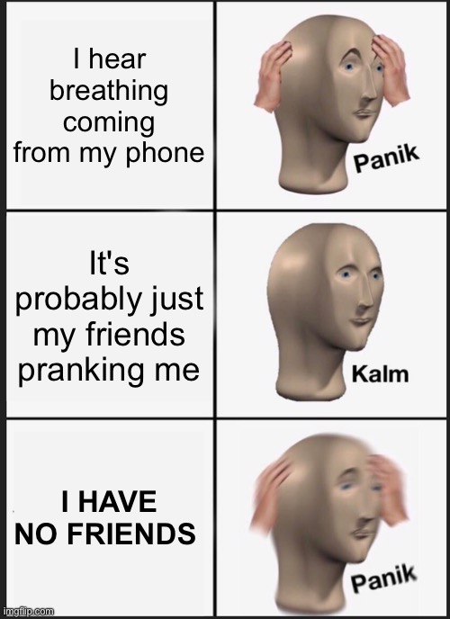 Panik Kalm Panik | I hear breathing coming from my phone; It's probably just my friends pranking me; I HAVE NO FRIENDS | image tagged in memes,panik kalm panik | made w/ Imgflip meme maker