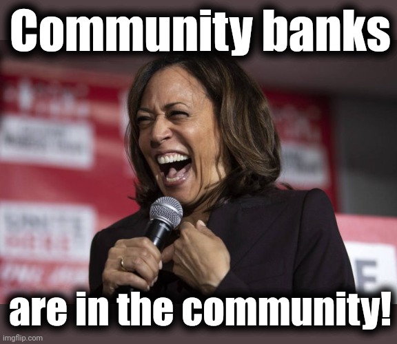 Endless idiocy from the diversity hyena | Community banks; are in the community! | image tagged in kamala laughing,community banks,joe biden,democrats,idiocy,word salad | made w/ Imgflip meme maker