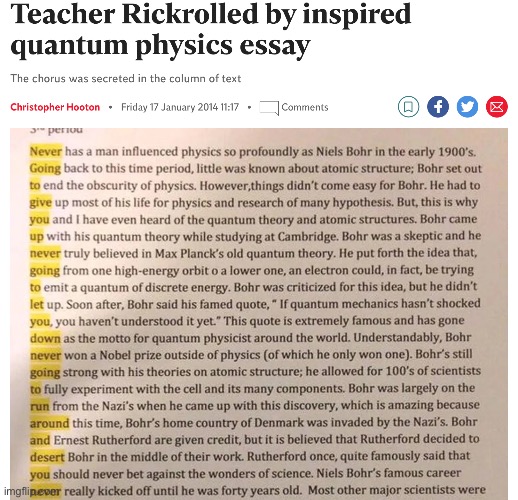 Teacher Rickrolled by inspired quantum physics essay