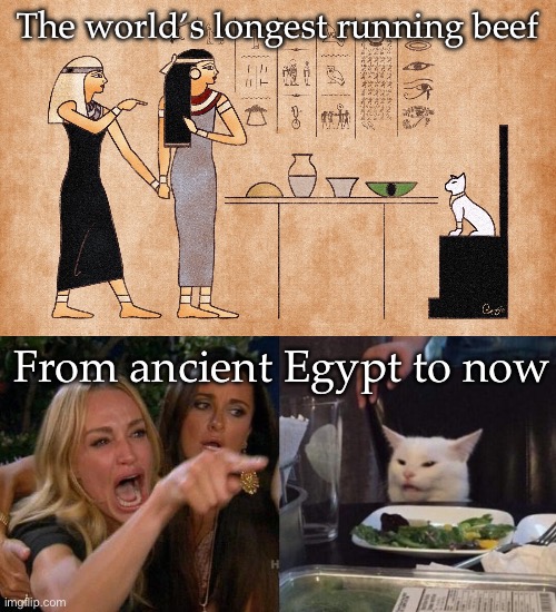 Historical beef | The world’s longest running beef From ancient Egypt to now | image tagged in ancient egyptian memes,memes,woman yelling at cat,beef | made w/ Imgflip meme maker
