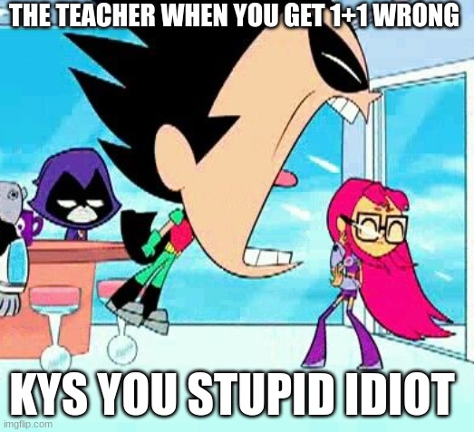 highschcool special kid be like | THE TEACHER WHEN YOU GET 1+1 WRONG; KYS YOU STUPID IDIOT | image tagged in robin yelling at starfire | made w/ Imgflip meme maker