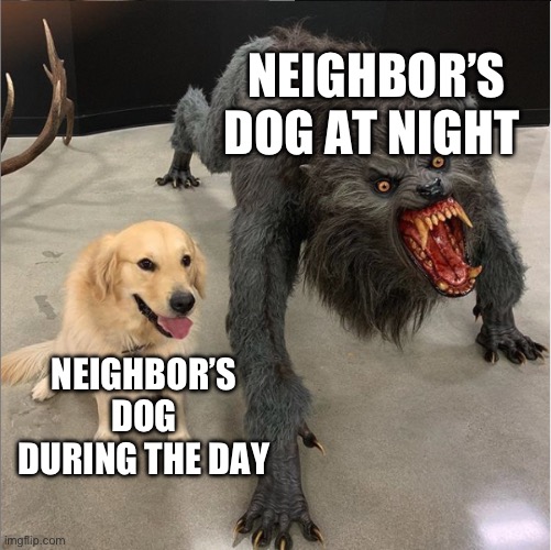 They just keep barking | NEIGHBOR’S DOG AT NIGHT; NEIGHBOR’S DOG DURING THE DAY | image tagged in dog vs werewolf | made w/ Imgflip meme maker