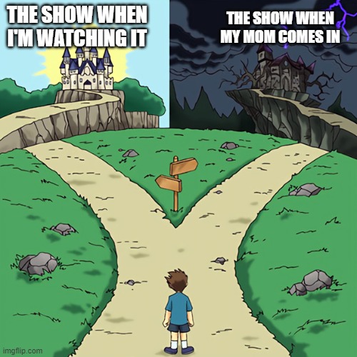 two castles | THE SHOW WHEN I'M WATCHING IT; THE SHOW WHEN MY MOM COMES IN | image tagged in two castles | made w/ Imgflip meme maker
