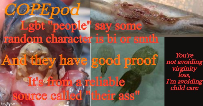 COPEpod's announcement template | Lgbt "people" say some random character is bi or smth; And they have good proof; It's from a reliable source called "their ass" | image tagged in copepod's announcement template | made w/ Imgflip meme maker