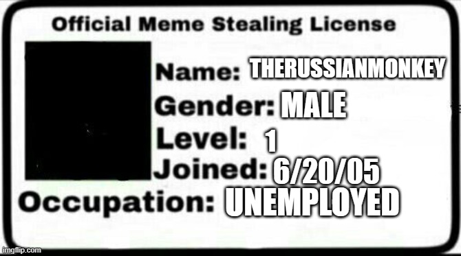 Meme Stealing License | THERUSSIANMONKEY; MALE; 1; 6/20/05; UNEMPLOYED | image tagged in meme stealing license | made w/ Imgflip meme maker