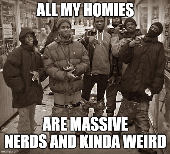 Neeeeerds | ALL MY HOMIES; ARE MASSIVE NERDS AND KINDA WEIRD | image tagged in all my homies hate | made w/ Imgflip meme maker