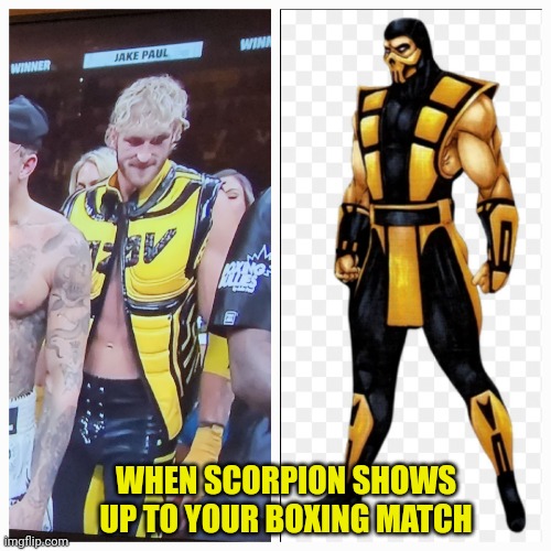 Jake paul Logan paul scorpion | WHEN SCORPION SHOWS UP TO YOUR BOXING MATCH | image tagged in jake paul logan paul scorpion | made w/ Imgflip meme maker