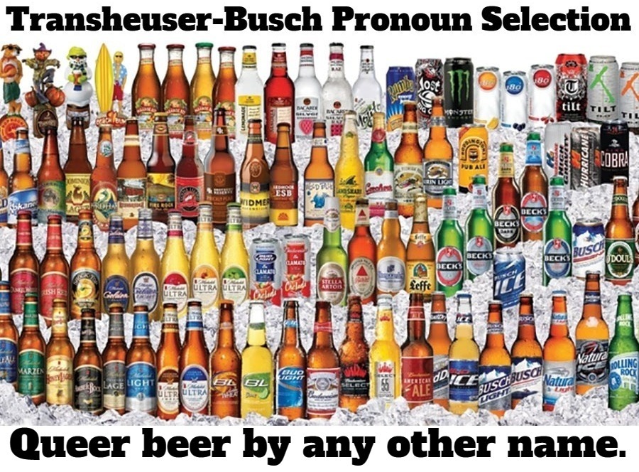 Transheuser-Busch Pronoun Selection | image tagged in transheuser-busch,anheuser-busch,queer beer,monster energy drink,tired of hearing about transgenders,dylan mulvaney | made w/ Imgflip meme maker