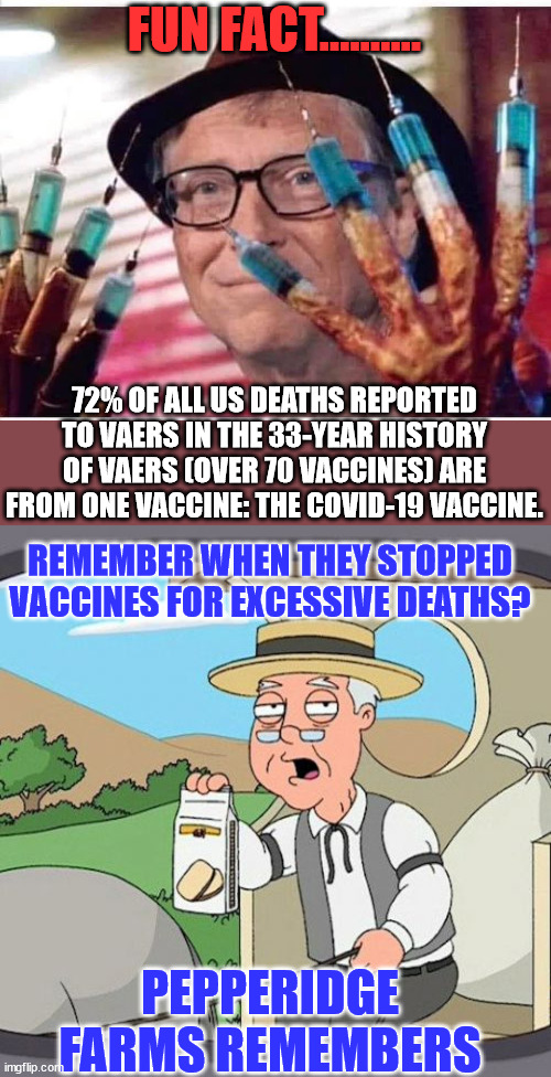 Another covid fun fact... | FUN FACT.......... 72% OF ALL US DEATHS REPORTED TO VAERS IN THE 33-YEAR HISTORY OF VAERS (OVER 70 VACCINES) ARE FROM ONE VACCINE: THE COVID-19 VACCINE. REMEMBER WHEN THEY STOPPED VACCINES FOR EXCESSIVE DEATHS? PEPPERIDGE FARMS REMEMBERS | image tagged in bill gates vaccine,memes,pepperidge farm remembers,covid vaccine,truth,media lies | made w/ Imgflip meme maker