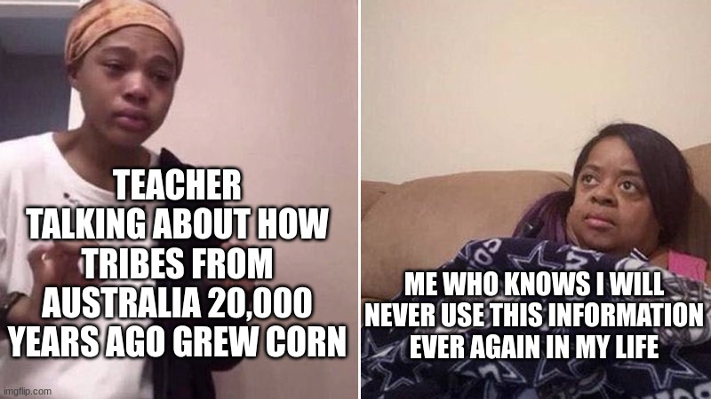 we really be getting an F because we don't remember some goofy tribe leader? | TEACHER TALKING ABOUT HOW TRIBES FROM AUSTRALIA 20,000 YEARS AGO GREW CORN; ME WHO KNOWS I WILL NEVER USE THIS INFORMATION EVER AGAIN IN MY LIFE | image tagged in me explaining to my mom | made w/ Imgflip meme maker