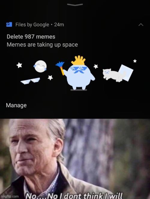 deleting memes? nah | image tagged in no i don't think i will,memes,google files | made w/ Imgflip meme maker