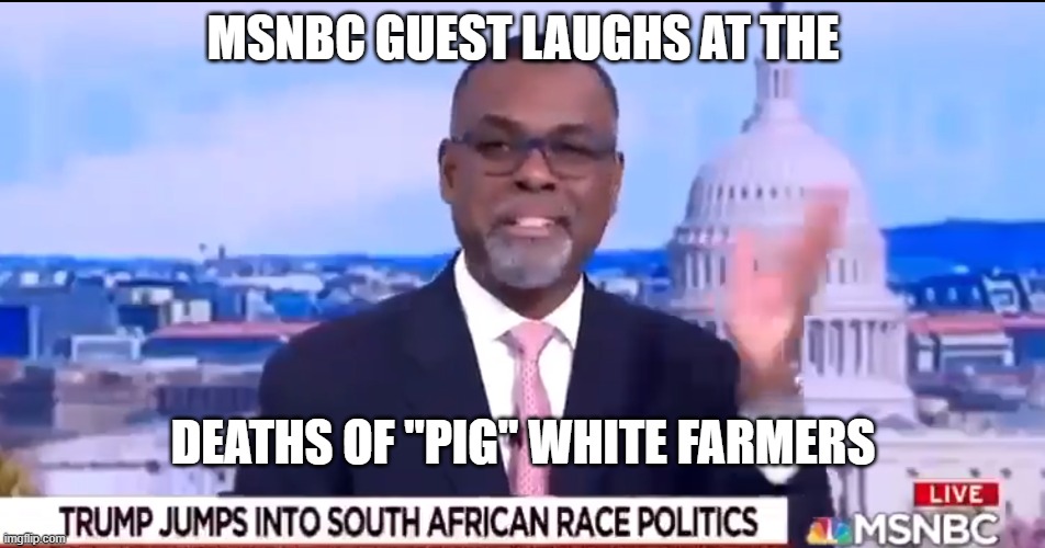 Black guest laughs at dead whites | MSNBC GUEST LAUGHS AT THE; DEATHS OF "PIG" WHITE FARMERS | image tagged in msnbc,cnn,pig,black,genocide,racist | made w/ Imgflip meme maker
