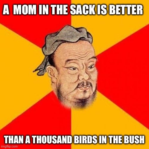 Confucius Says | A  MOM IN THE SACK IS BETTER THAN A THOUSAND BIRDS IN THE BUSH | image tagged in confucius says | made w/ Imgflip meme maker