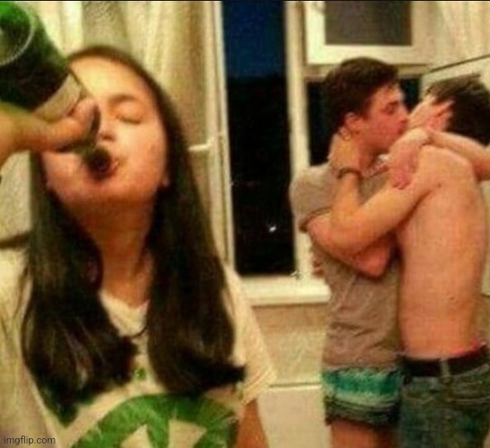girl drinking while guys make out | image tagged in girl drinking while guys make out | made w/ Imgflip meme maker