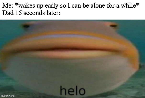 helo | Me: *wakes up early so I can be alone for a while*
Dad 15 seconds later: | image tagged in helo,dad,relatable,memes,funny | made w/ Imgflip meme maker