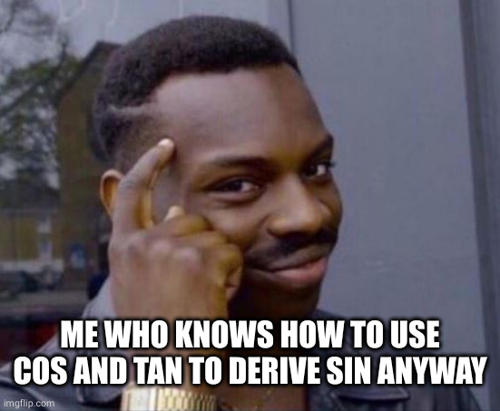black guy pointing at head | ME WHO KNOWS HOW TO USE COS AND TAN TO DERIVE SIN ANYWAY | image tagged in black guy pointing at head | made w/ Imgflip meme maker