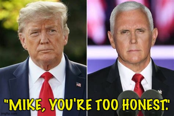 The quote that tells me all I need to know about Donald Trump. | "MIKE, YOU'RE TOO HONEST." | image tagged in donald trump,mike pence | made w/ Imgflip meme maker
