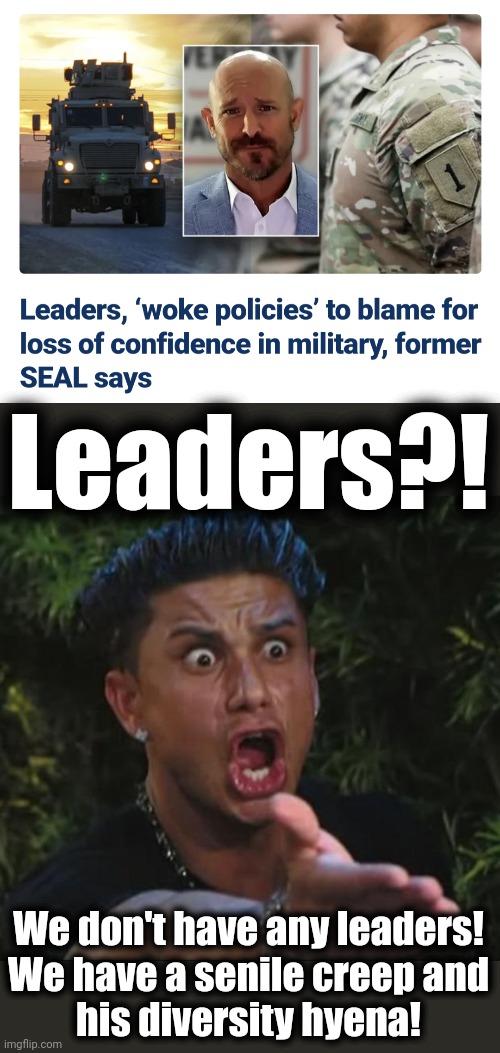 Leaders?! We don't have any leaders!
We have a senile creep and
his diversity hyena! | image tagged in memes,dj pauly d,joe biden,us military,woke,leaders | made w/ Imgflip meme maker