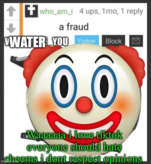 what_are_you announcement temp | WATER; Waaaaaa i love tiktok everyone should hate cheems i dont respect opinions | image tagged in what_are_you announcement temp | made w/ Imgflip meme maker