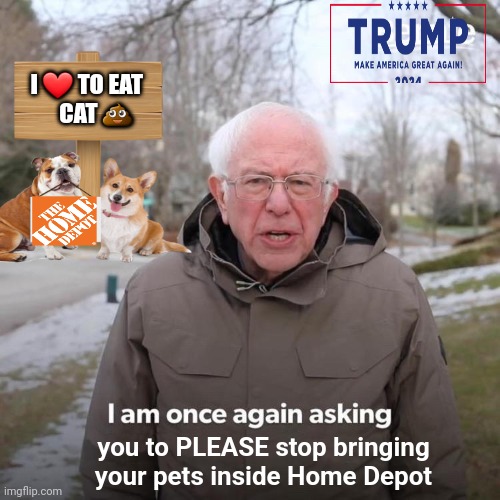 Bernie I Am Once Again Asking For Your Support Meme | I ❤️ TO EAT 
   CAT 💩; you to PLEASE stop bringing your pets inside Home Depot | image tagged in memes,bernie i am once again asking for your support | made w/ Imgflip meme maker