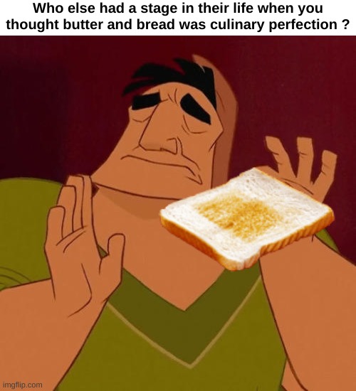 Like fr | Who else had a stage in their life when you thought butter and bread was culinary perfection ? | image tagged in memes,relatable,toast,butter,perfect,front page plz | made w/ Imgflip meme maker