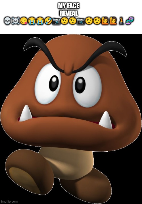 I'ma goomba | MY FACE REVEAL 💀☠️😋😭😭🤣📷🤨🤨📷🤨🤨🙋🙋🧎🧬 | image tagged in goomba,memes,face reveal | made w/ Imgflip meme maker