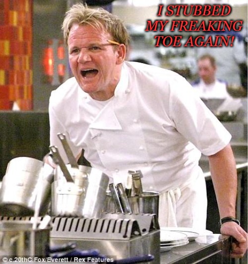 Chef Gordon Ramsay | I STUBBED MY FREAKING TOE AGAIN! | image tagged in memes,chef gordon ramsay | made w/ Imgflip meme maker